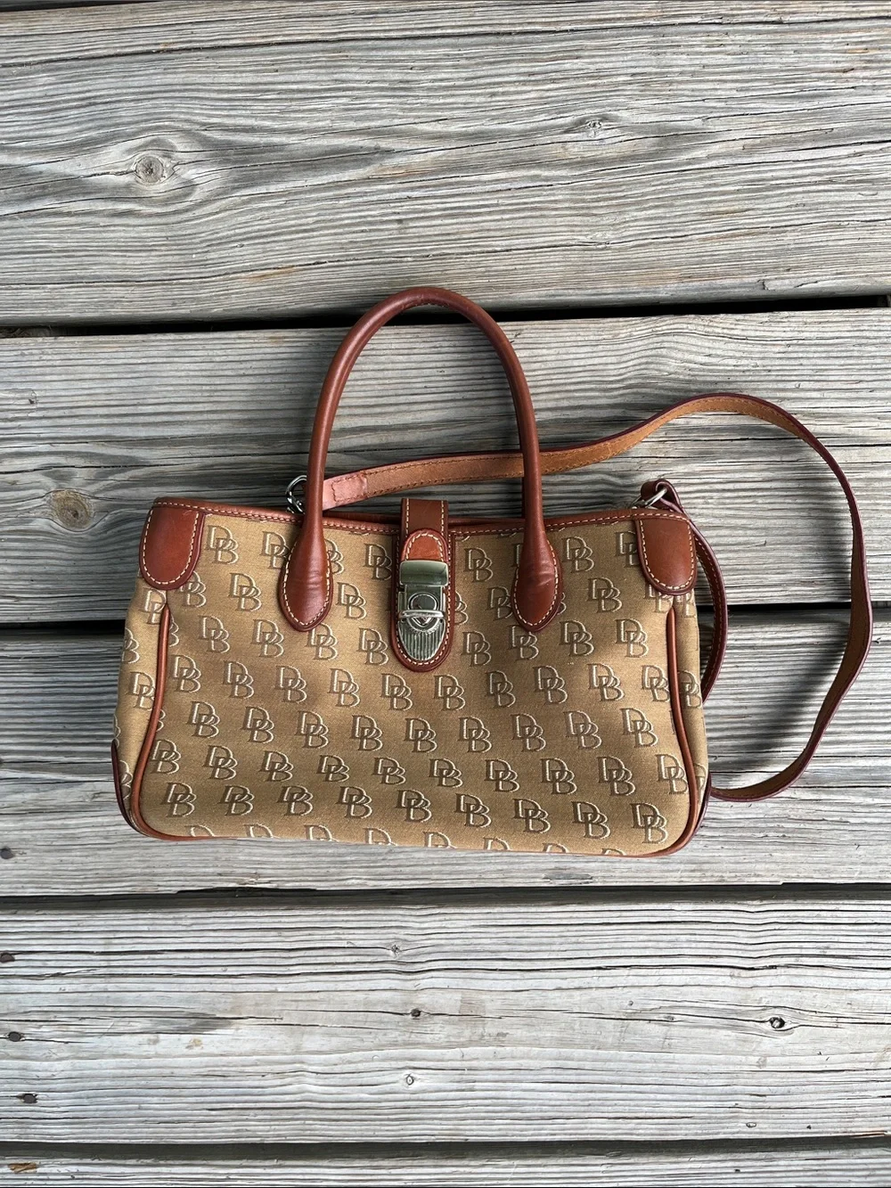 Dooney & Bourke Tan Signature DB Messenger with Brown Leather Trim